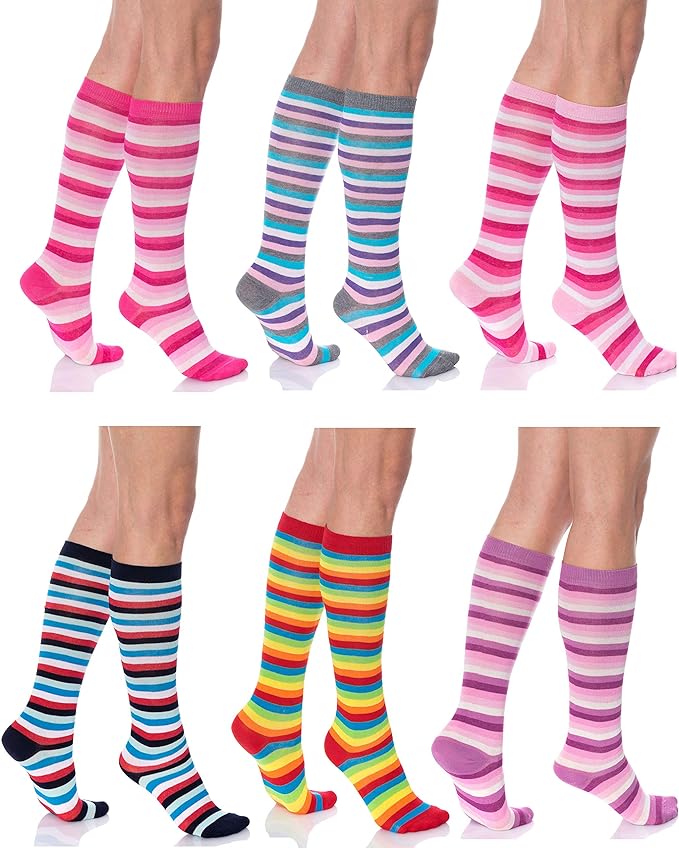 6 Pairs Women's Colorful Knee High Socks – Soft & Durable Combed Cotton (Size 9-11)
