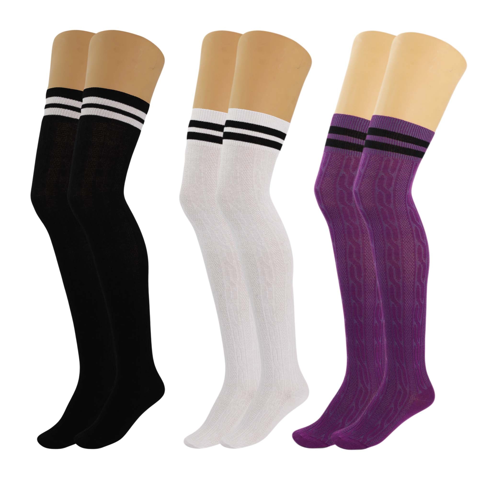 3 Pairs Women’s Colorful Thigh-High Over-the-Knee Boot Socks – Soft, Stretchy, Warm Knitted Stockings, Size 5-10